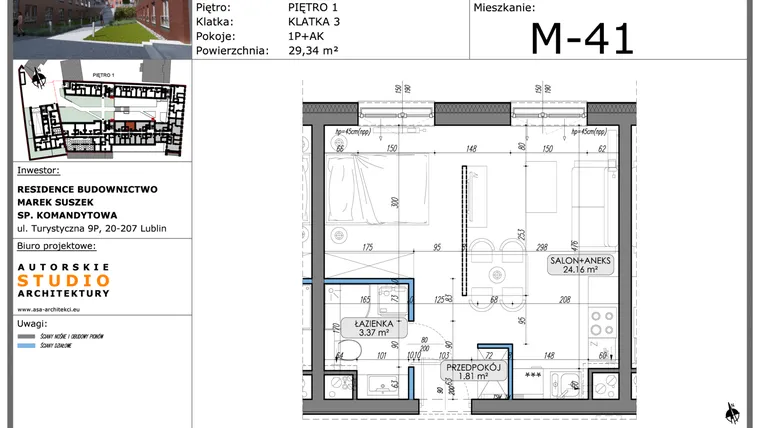 Rzut - Mieszkanie na sprzedaż 1 pokój o powierzchni 29,34 m² - numer M41 w Lubartowska 62