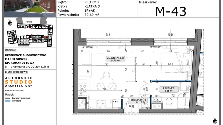 Rzut - Mieszkanie na sprzedaż 1 pokój o powierzchni 30,69 m² - numer M43 w Lubartowska 62