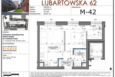 Rzut - Mieszkanie na sprzedaż 1 pokój o powierzchni 34,67 m² - numer M42 w Lubartowska 62