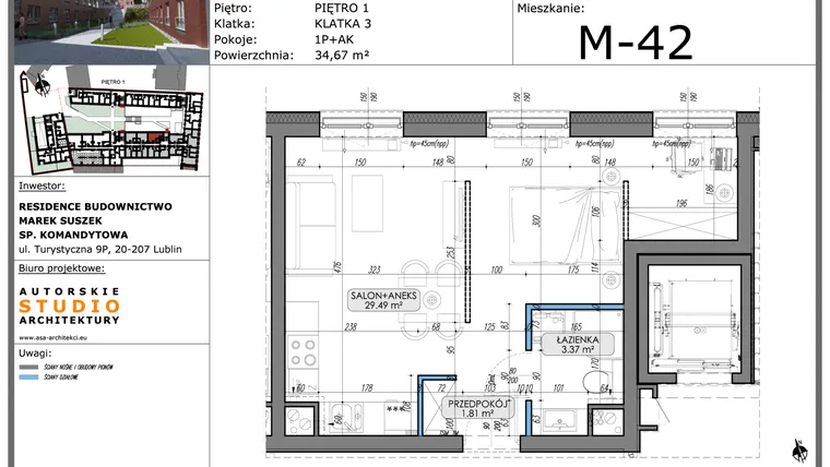 Rzut - Mieszkanie na sprzedaż 1 pokój o powierzchni 34,67 m² - numer M42 w Lubartowska 62