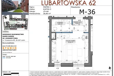 Rzut - Mieszkanie na sprzedaż 1 pokój o powierzchni 26,66 m² - numer M36 w Lubartowska 62