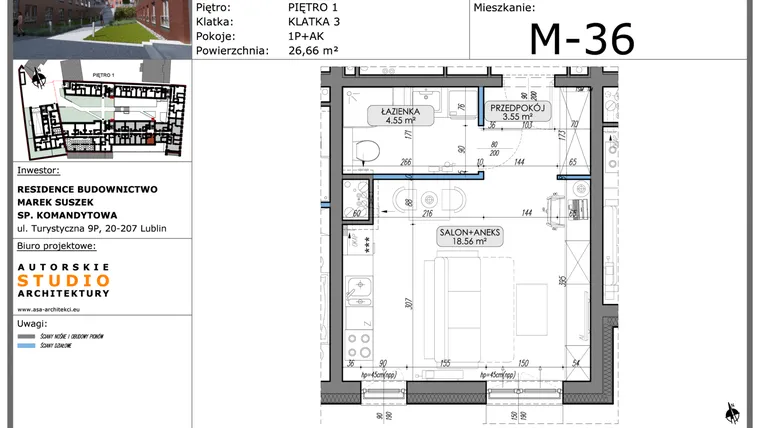 Rzut - Mieszkanie na sprzedaż 1 pokój o powierzchni 26,66 m² - numer M36 w Lubartowska 62