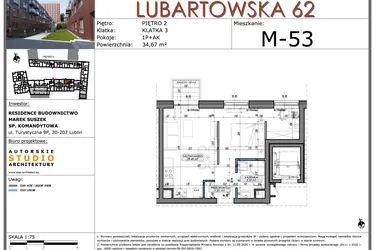 Rzut - Mieszkanie na sprzedaż 1 pokój o powierzchni 34,67 m² - numer M53 w Lubartowska 62