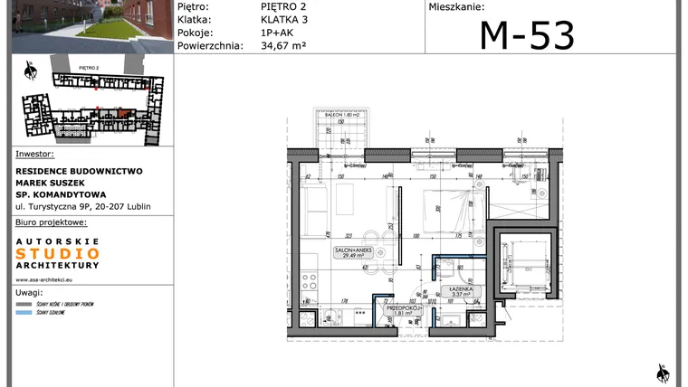 Rzut - Mieszkanie na sprzedaż 1 pokój o powierzchni 34,67 m² - numer M53 w Lubartowska 62