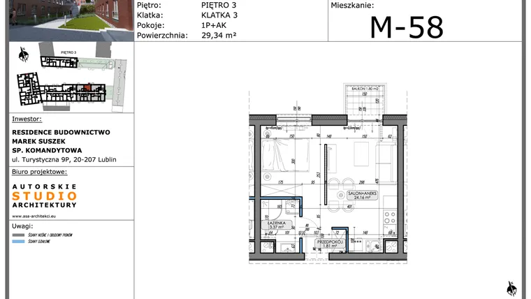 Rzut - Mieszkanie na sprzedaż 1 pokój o powierzchni 29,34 m² - numer M58 w Lubartowska 62