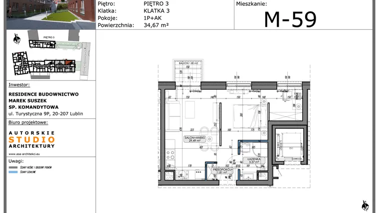 Rzut - Mieszkanie na sprzedaż 1 pokój o powierzchni 34,67 m² - numer M59 w Lubartowska 62