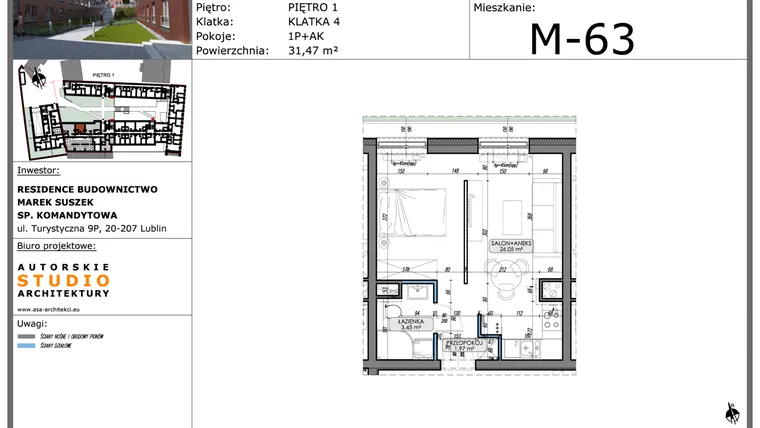 Rzut - Mieszkanie na sprzedaż 1 pokój o powierzchni 31,47 m² - numer M63 w Lubartowska 62