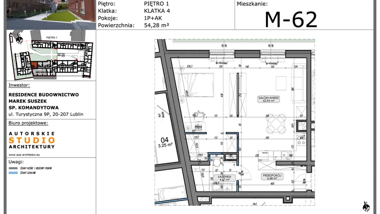 Rzut - Mieszkanie na sprzedaż 1 pokój o powierzchni 54,28 m² - numer M62 w Lubartowska 62