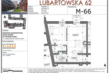 Rzut - Mieszkanie na sprzedaż 1 pokój o powierzchni 54,74 m² - numer M66 w Lubartowska 62