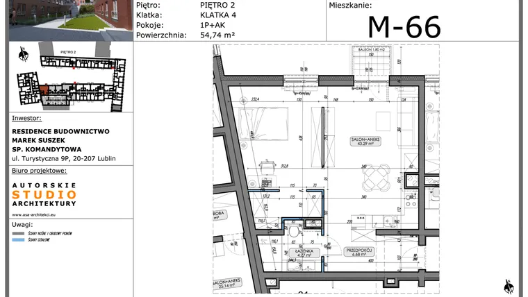Rzut - Mieszkanie na sprzedaż 1 pokój o powierzchni 54,74 m² - numer M66 w Lubartowska 62