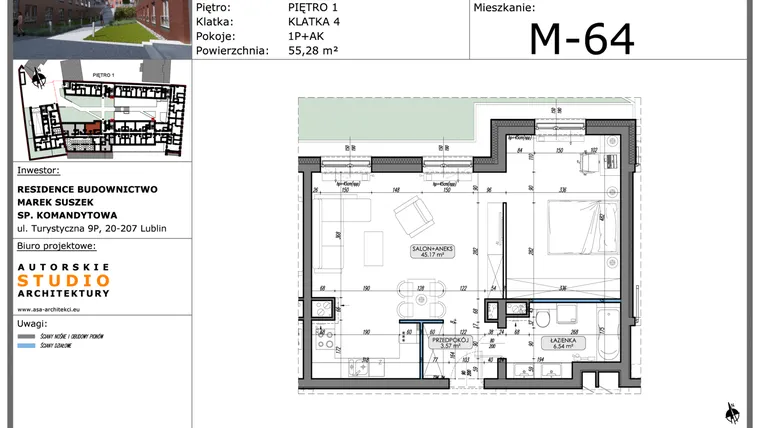 Rzut - Mieszkanie na sprzedaż 1 pokój o powierzchni 55,28 m² - numer M64 w Lubartowska 62