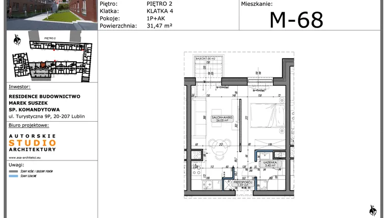 Rzut - Mieszkanie na sprzedaż 1 pokój o powierzchni 31,47 m² - numer M68 w Lubartowska 62