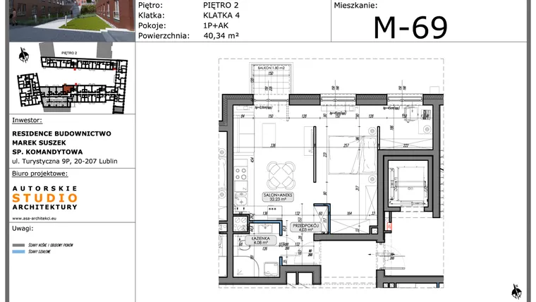 Rzut - Mieszkanie na sprzedaż 1 pokój o powierzchni 40,34 m² - numer M69 w Lubartowska 62