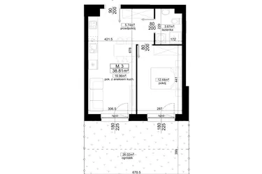 Rzut - Mieszkanie na sprzedaż 2 pokoje o powierzchni 38,81 m² - numer 1.3 w Kalamita II