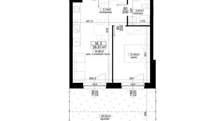 Rzut - Mieszkanie na sprzedaż 2 pokoje o powierzchni 38,81 m² - numer 1.3 w Kalamita II