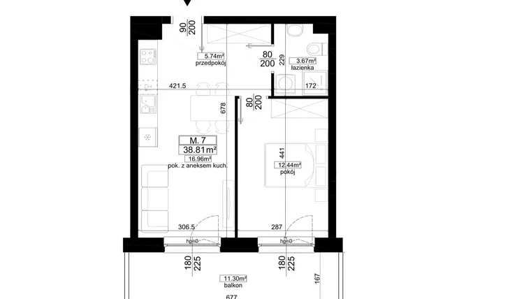 Rzut - Mieszkanie na sprzedaż 2 pokoje o powierzchni 38,81 m² - numer 1.7 w Kalamita II