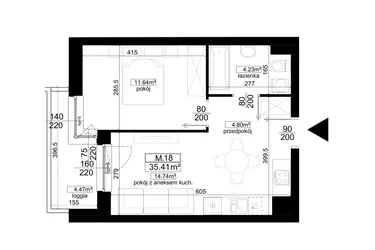 Rzut - Mieszkanie na sprzedaż 2 pokoje o powierzchni 35,41 m² - numer 1.18 w Kalamita II
