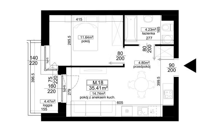 Rzut - Mieszkanie na sprzedaż 2 pokoje o powierzchni 35,41 m² - numer 1.18 w Kalamita II