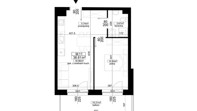 Rzut - Mieszkanie na sprzedaż 2 pokoje o powierzchni 38,81 m² - numer 1.11 w Kalamita II