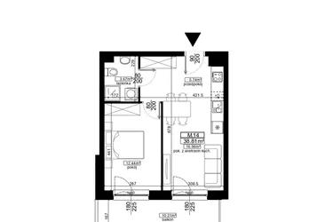 Rzut - Mieszkanie na sprzedaż 2 pokoje o powierzchni 38,81 m² - numer 1.14 w Kalamita II