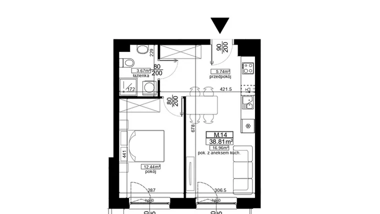 Rzut - Mieszkanie na sprzedaż 2 pokoje o powierzchni 38,81 m² - numer 1.14 w Kalamita II