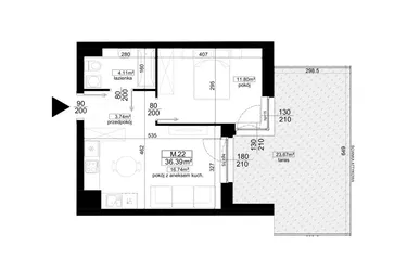 Rzut - Mieszkanie na sprzedaż 2 pokoje o powierzchni 36,39 m² - numer 1.22 w Kalamita II