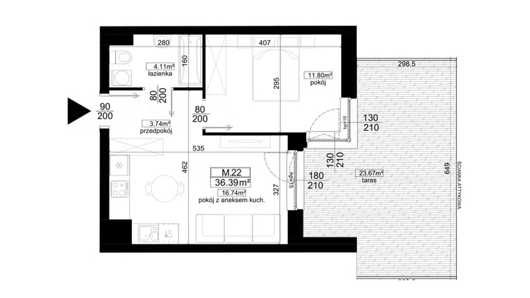 Rzut - Mieszkanie na sprzedaż 2 pokoje o powierzchni 36,39 m² - numer 1.22 w Kalamita II
