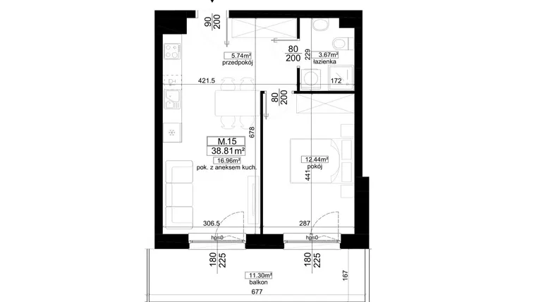 Rzut - Mieszkanie na sprzedaż 2 pokoje o powierzchni 38,81 m² - numer 1.15 w Kalamita II