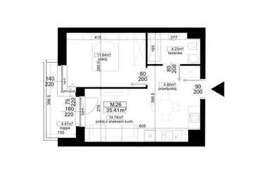 Rzut - Mieszkanie na sprzedaż 2 pokoje o powierzchni 35,41 m² - numer 1.26 w Kalamita II