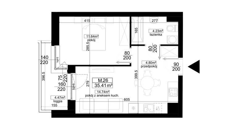 Rzut - Mieszkanie na sprzedaż 2 pokoje o powierzchni 35,41 m² - numer 1.26 w Kalamita II