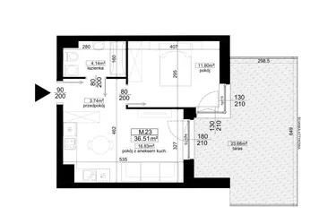 Rzut - Mieszkanie na sprzedaż 2 pokoje o powierzchni 36,51 m² - numer 1.23 w Kalamita II