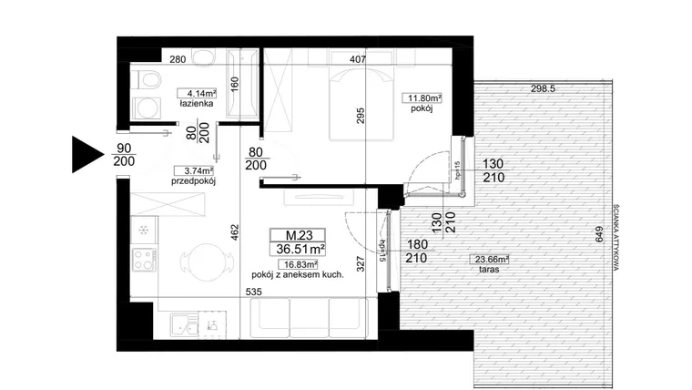 Rzut - Mieszkanie na sprzedaż 2 pokoje o powierzchni 36,51 m² - numer 1.23 w Kalamita II