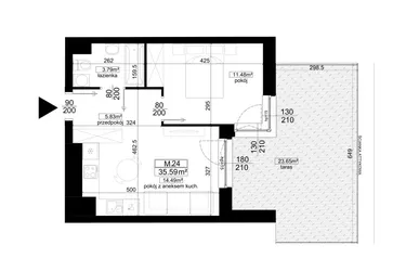 Rzut - Mieszkanie na sprzedaż 2 pokoje o powierzchni 35,59 m² - numer 1.24 w Kalamita II