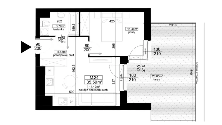 Rzut - Mieszkanie na sprzedaż 2 pokoje o powierzchni 35,59 m² - numer 1.24 w Kalamita II