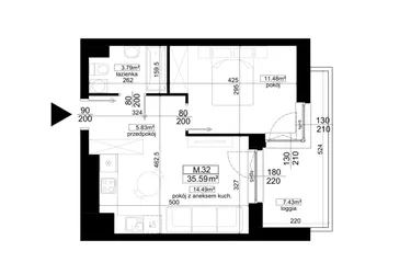 Rzut - Mieszkanie na sprzedaż 2 pokoje o powierzchni 35,59 m² - numer 1.32 w Kalamita II