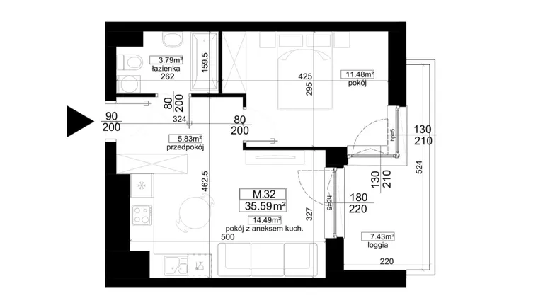 Rzut - Mieszkanie na sprzedaż 2 pokoje o powierzchni 35,59 m² - numer 1.32 w Kalamita II