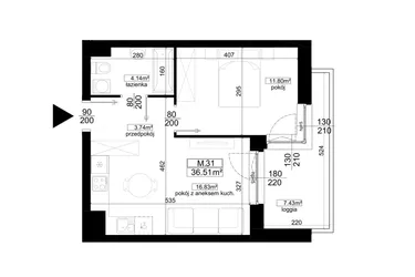 Rzut - Mieszkanie na sprzedaż 2 pokoje o powierzchni 36,51 m² - numer 1.31 w Kalamita II