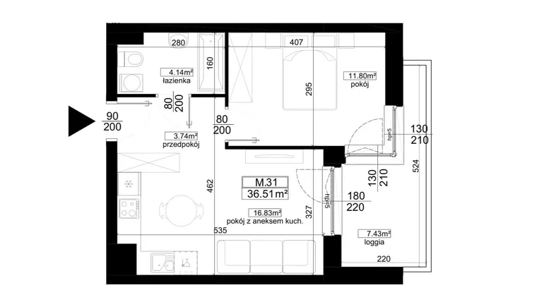 Rzut - Mieszkanie na sprzedaż 2 pokoje o powierzchni 36,51 m² - numer 1.31 w Kalamita II