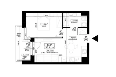 Rzut - Mieszkanie na sprzedaż 2 pokoje o powierzchni 35,41 m² - numer 1.34 w Kalamita II