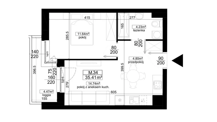 Rzut - Mieszkanie na sprzedaż 2 pokoje o powierzchni 35,41 m² - numer 1.34 w Kalamita II