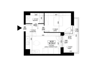 Rzut - Mieszkanie na sprzedaż 2 pokoje o powierzchni 36,39 m² - numer 1.30 w Kalamita II