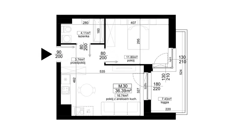 Rzut - Mieszkanie na sprzedaż 2 pokoje o powierzchni 36,39 m² - numer 1.30 w Kalamita II