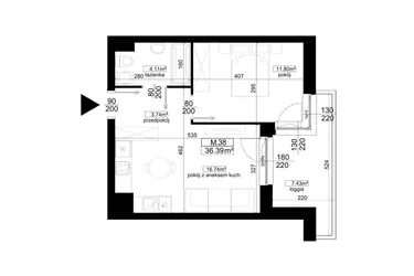 Rzut - Mieszkanie na sprzedaż 2 pokoje o powierzchni 36,39 m² - numer 1.38 w Kalamita II