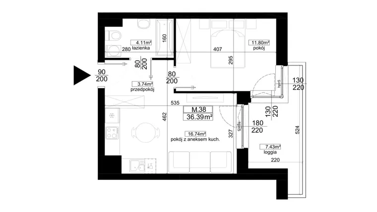 Rzut - Mieszkanie na sprzedaż 2 pokoje o powierzchni 36,39 m² - numer 1.38 w Kalamita II