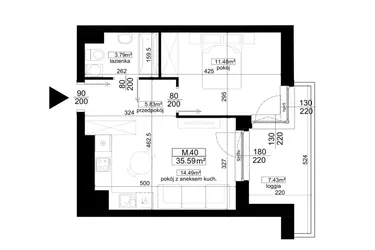 Rzut - Mieszkanie na sprzedaż 2 pokoje o powierzchni 35,59 m² - numer 1.40 w Kalamita II
