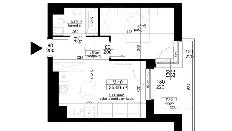 Rzut - Mieszkanie na sprzedaż 2 pokoje o powierzchni 35,59 m² - numer 1.40 w Kalamita II