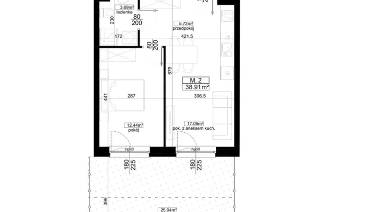 Rzut - Mieszkanie na sprzedaż 2 pokoje o powierzchni 38,91 m² - numer 2.2 w Kalamita II