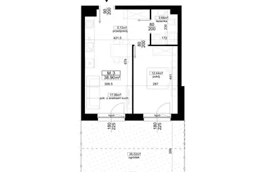 Rzut - Mieszkanie na sprzedaż 2 pokoje o powierzchni 38,9 m² - numer 2.3 w Kalamita II
