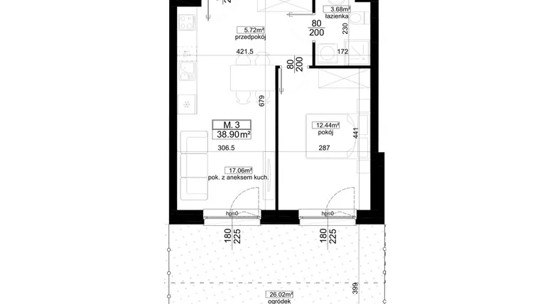 Rzut - Mieszkanie na sprzedaż 2 pokoje o powierzchni 38,9 m² - numer 2.3 w Kalamita II