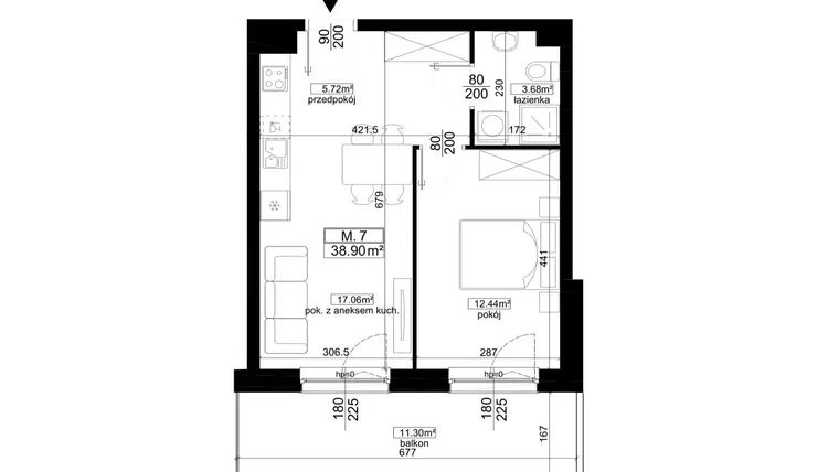 Rzut - Mieszkanie na sprzedaż 2 pokoje o powierzchni 38,9 m² - numer 2.7 w Kalamita II